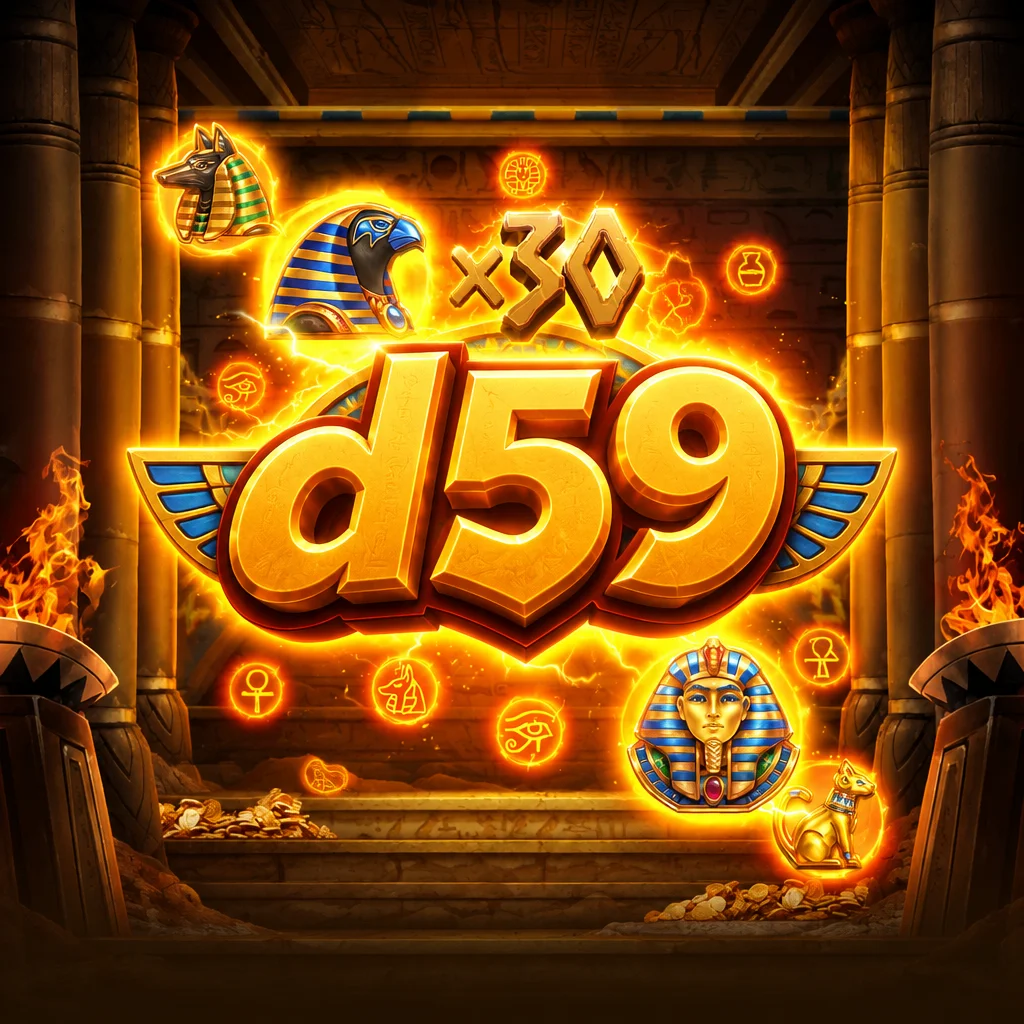 Logo d59 emas dengan latar belakang kuil Mesir Kuno, topeng firaun, dan simbol hieroglif dari permainan Symbols Of Egypt
