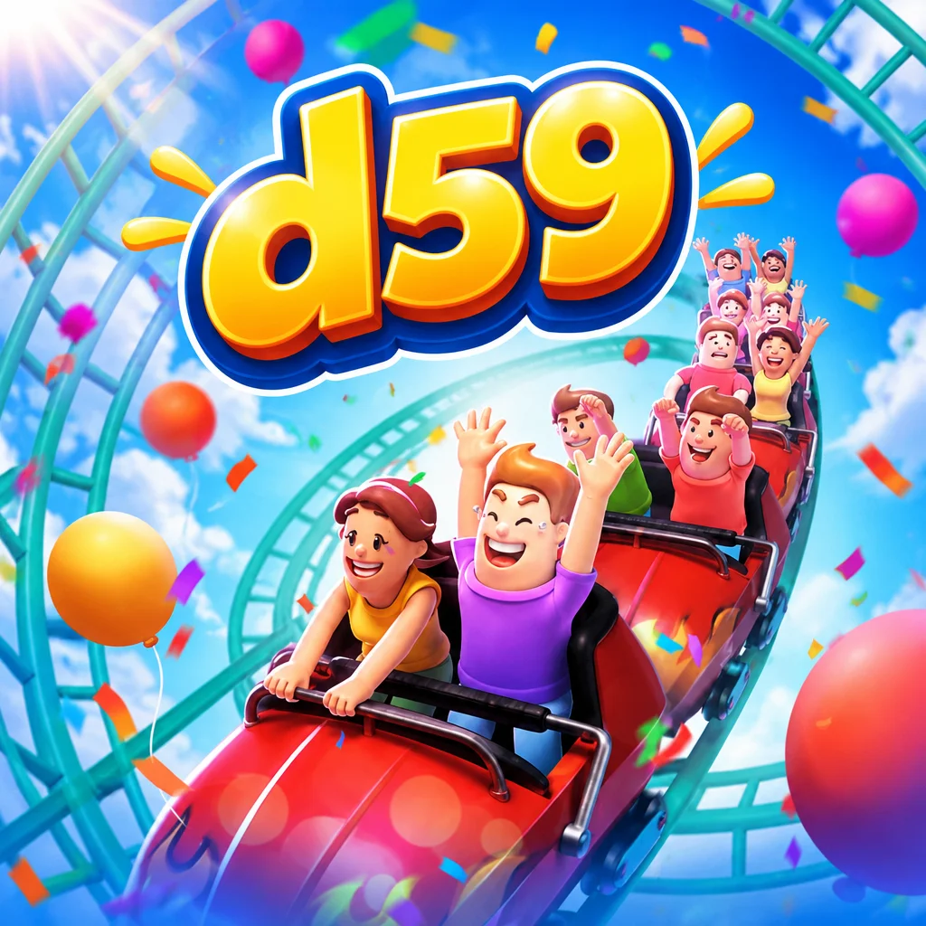 Logo d59 di atas kereta roller coaster merah penuh penumpang ceria dalam suasana taman hiburan Wild Coaster